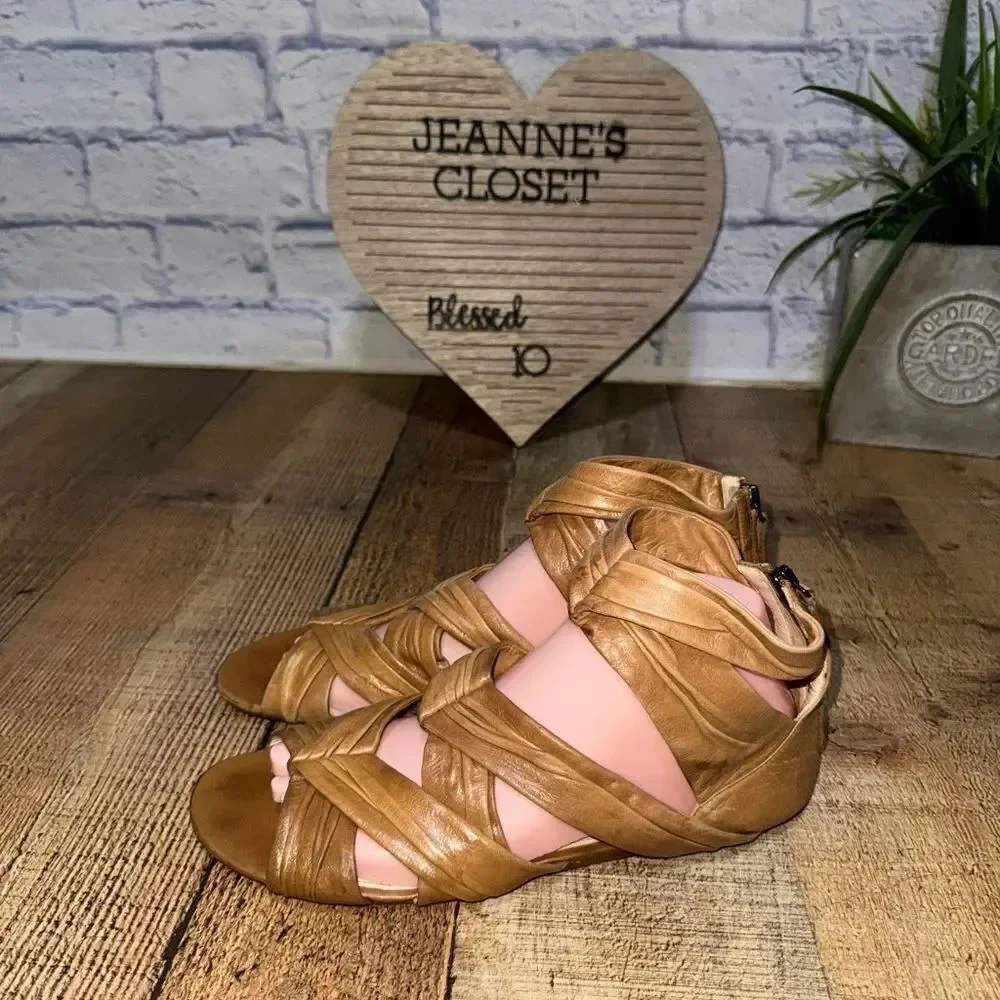 Prada Tan Pleated Leather Caged Flat Sandals Size 38.5